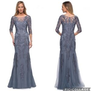 La Femme 29226‎ Lace Appliqué Tulle Gown Slate Blue 16